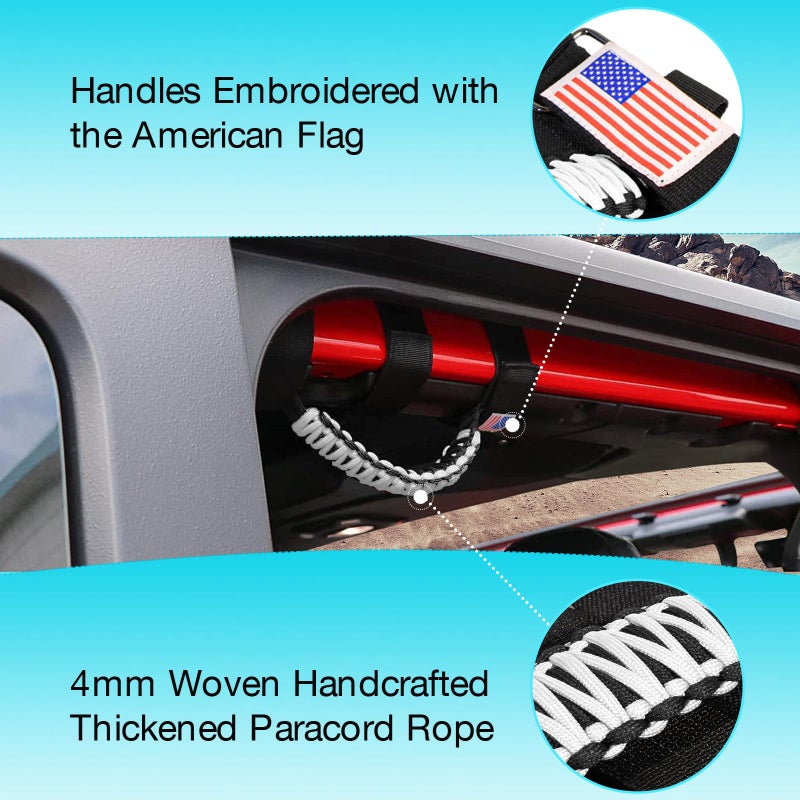 Gaizon 4 Pack Grab Handles Roll Bar Paracord Handgrip Handles with America Flag Pattern Replacement for Jeep Wrangler YJ TJ JK JL Gladiator JT 1955-2022(White) - Image 2